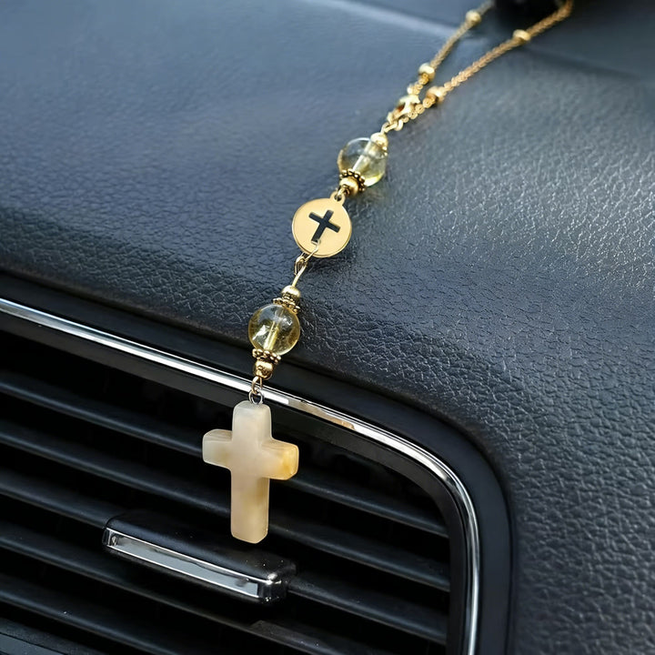 Christianartworkshop Autoanhänger in Kreuzform aus Naturkristall mit Goldperlenkette: Ein heiliger Begleiter für jede Fahrt - image 12