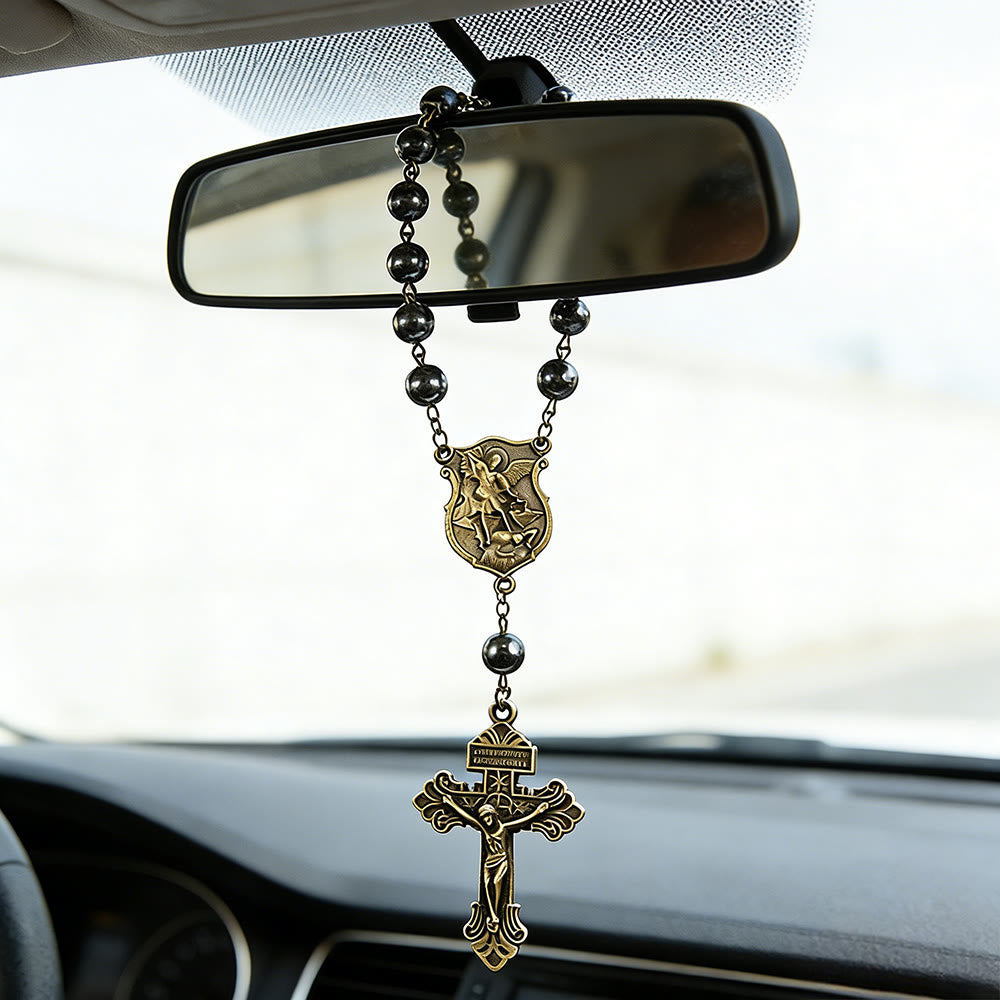 Christianartworkshop Autoanhänger aus Hämatitperlen mit St.-Michael-Medaille und Kruzifix: Ein Geschenk himmlischen Schutzes und himmlischer Stärke - image 0