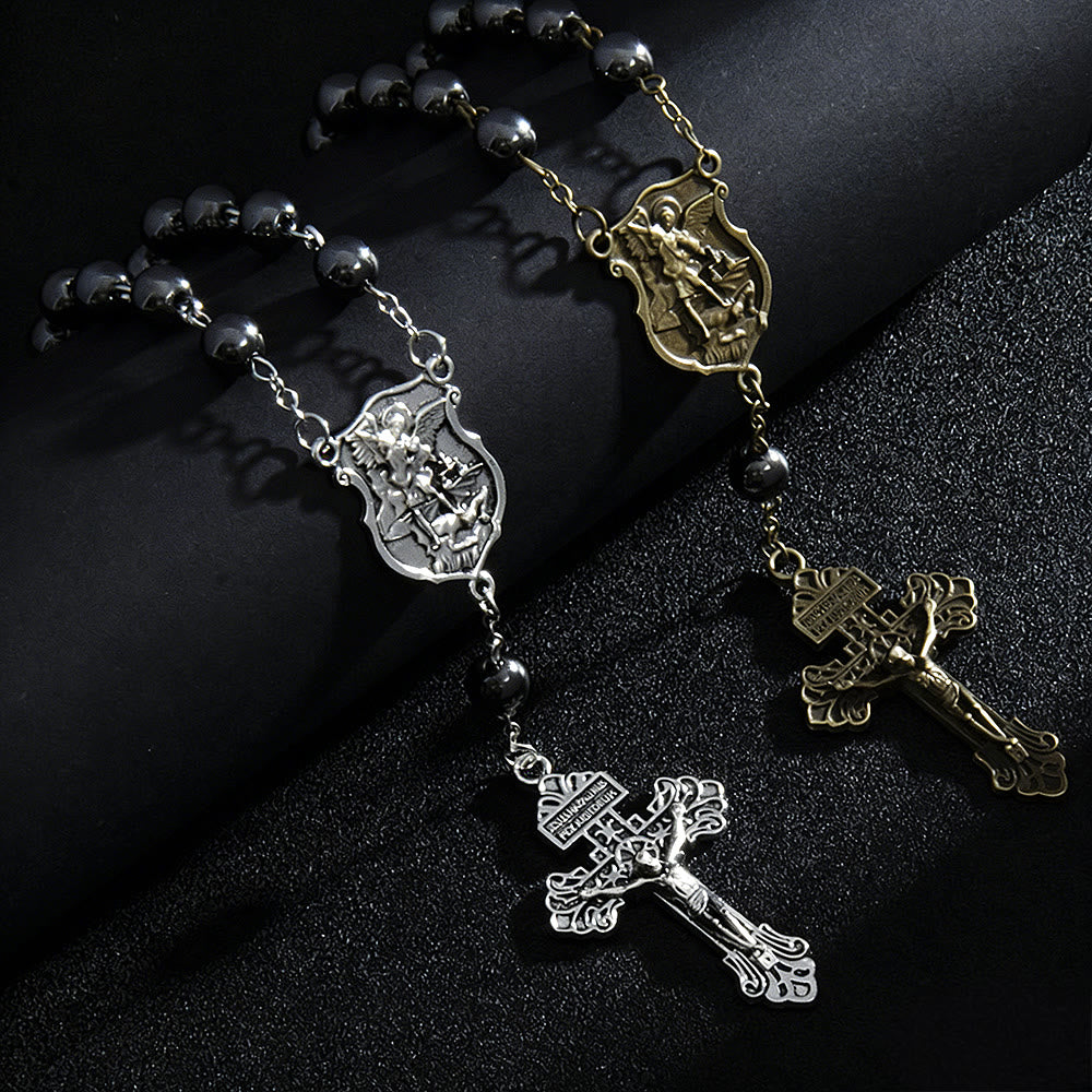 Christianartworkshop Autoanhänger aus Hämatitperlen mit St.-Michael-Medaille und Kruzifix: Ein Geschenk himmlischen Schutzes und himmlischer Stärke - Silber & Gold (2 Stück) - image 2
