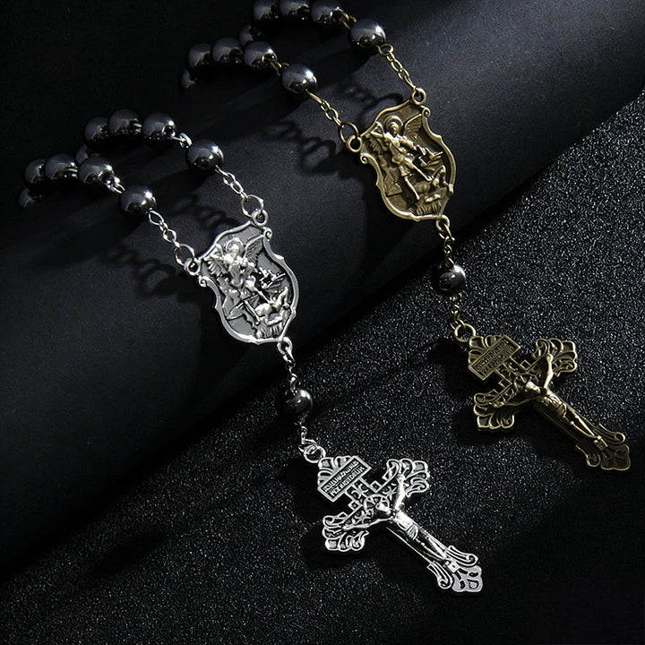 Christianartworkshop Autoanhänger aus Hämatitperlen mit St.-Michael-Medaille und Kruzifix: Ein Geschenk himmlischen Schutzes und himmlischer Stärke - Silber & Gold (2 Stück) - image 2
