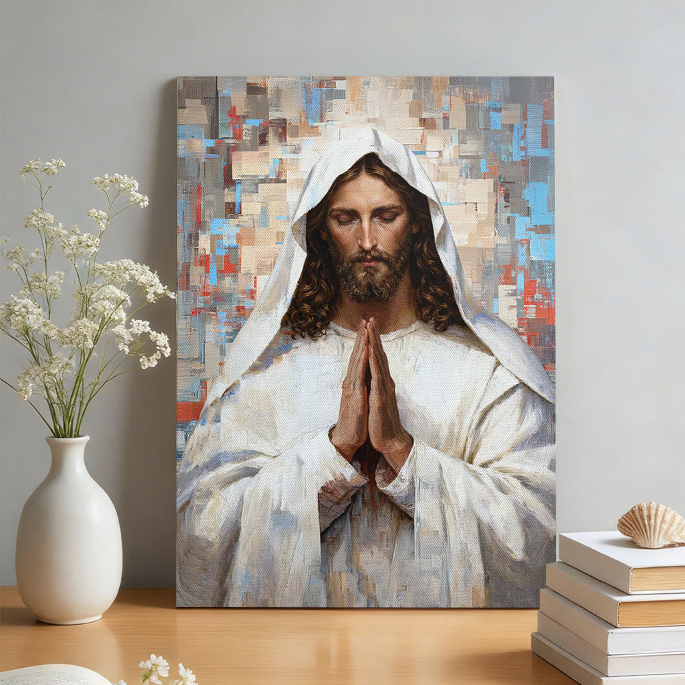 Christianartworkshop Göttliches Gebet – Jesus auf Leinwand: Porträt des betenden Christus - Gerahmtes Leinwandgemälde - 13,77" × 19,58" × 0,7" / 35 × 50 × 1,8 cm - image 0