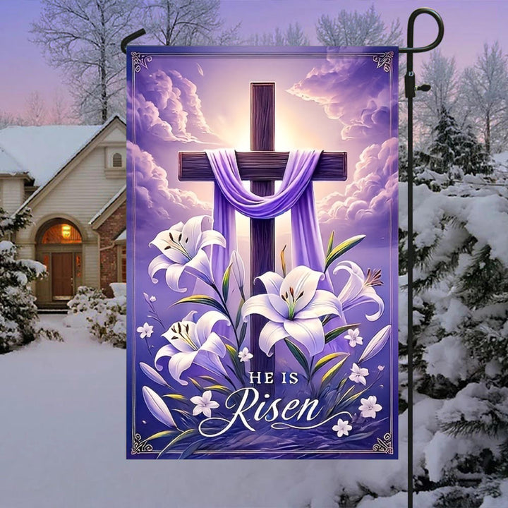 Christianartworkshop Gartenflagge mit Auferstehungskreuz, Lilien und violettem Stoff: Ein Zeichen himmlischer Freude - 90×150 cm (3×5 Fuß) - image 0