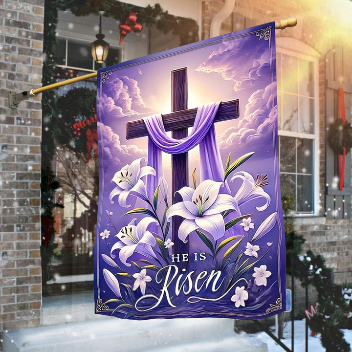 Christianartworkshop Gartenflagge mit Auferstehungskreuz, Lilien und violettem Stoff: Ein Zeichen himmlischer Freude - image 2