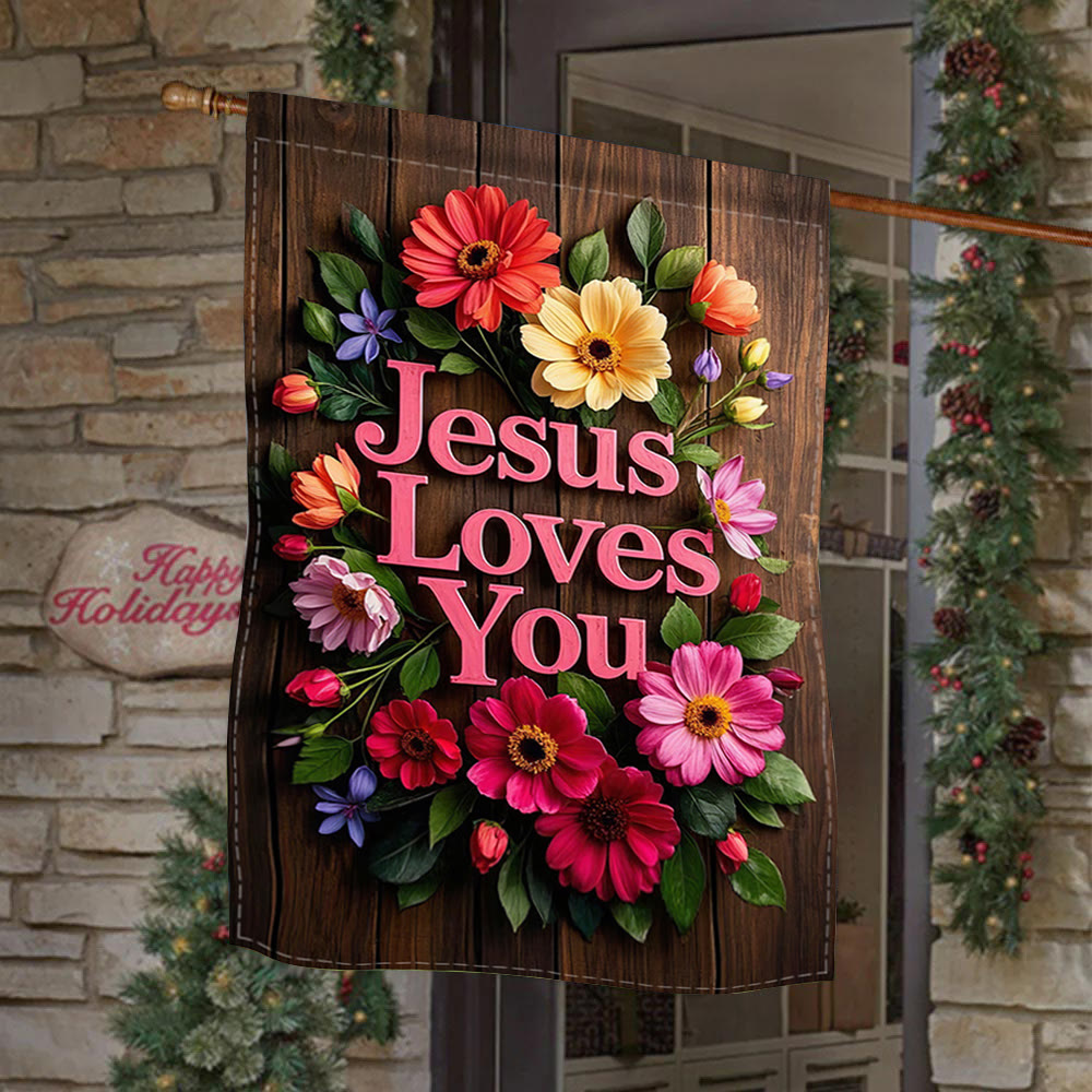 Christianartworkshop Blumenkranz „Jesus liebt dich“ Gartenflagge: Ein Zeichen himmlischer Zuneigung - image 1