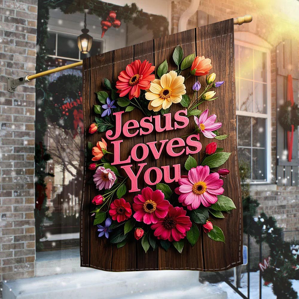 Christianartworkshop Blumenkranz „Jesus liebt dich“ Gartenflagge: Ein Zeichen himmlischer Zuneigung - image 2