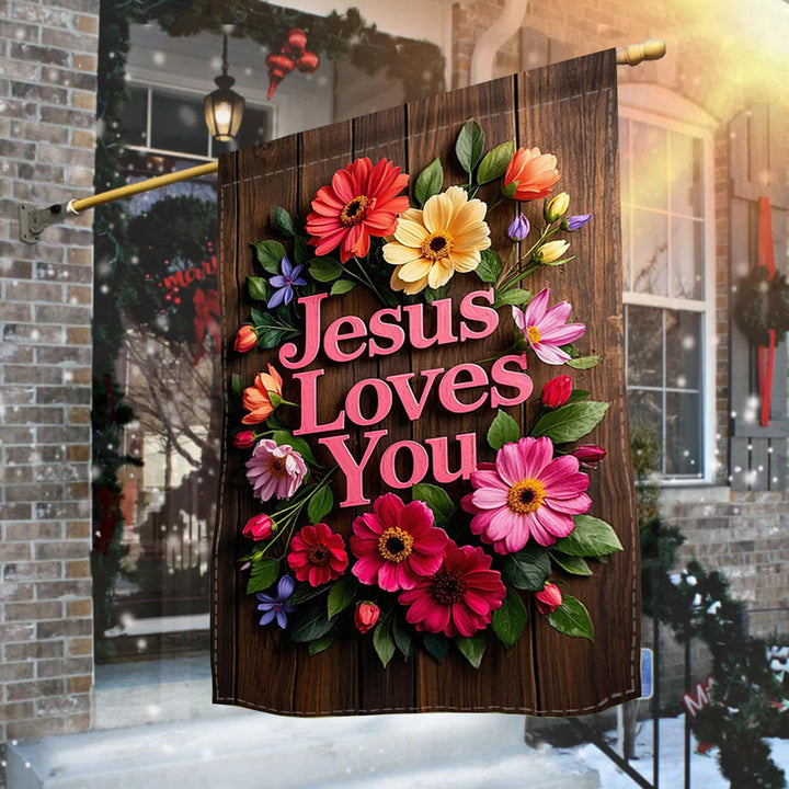 Christianartworkshop Blumenkranz „Jesus liebt dich“ Gartenflagge: Ein Zeichen himmlischer Zuneigung - image 2