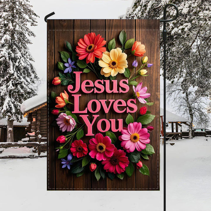 Christianartworkshop Blumenkranz „Jesus liebt dich“ Gartenflagge: Ein Zeichen himmlischer Zuneigung - image 4