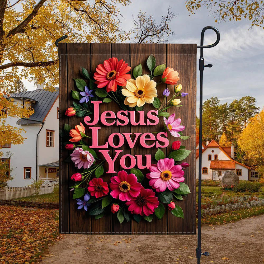 Christianartworkshop Blumenkranz „Jesus liebt dich“ Gartenflagge: Ein Zeichen himmlischer Zuneigung - 90×150 cm (3×5 Fuß) - image 0