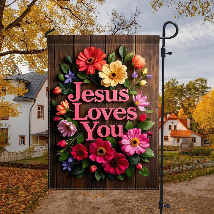 Christianartworkshop Blumenkranz „Jesus liebt dich“ Gartenflagge: Ein Zeichen himmlischer Zuneigung - 90×150 cm (3×5 Fuß) - image 0