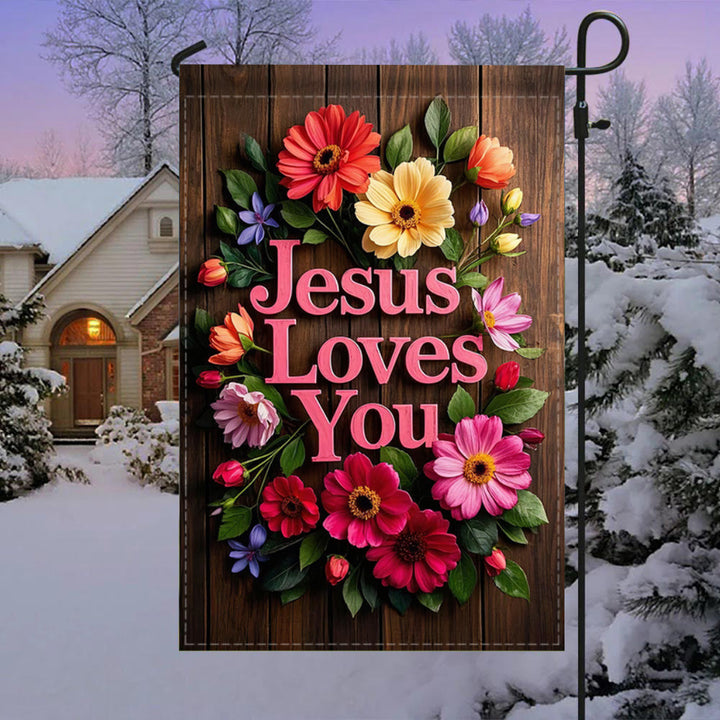 Christianartworkshop Blumenkranz „Jesus liebt dich“ Gartenflagge: Ein Zeichen himmlischer Zuneigung - image 3