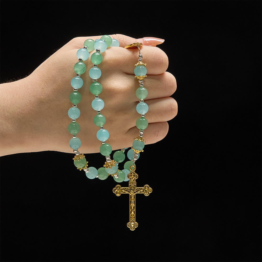 Christianartworkshop Rosenkranz aus Aventurin- und Aquamaringlas mit Marienmedaille und verziertem Kruzifix - image 1