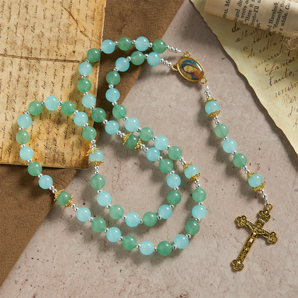 Christianartworkshop Rosenkranz aus Aventurin- und Aquamaringlas mit Marienmedaille und verziertem Kruzifix - Rosenkranz aus aquamarinfarbenem Glas - image 0