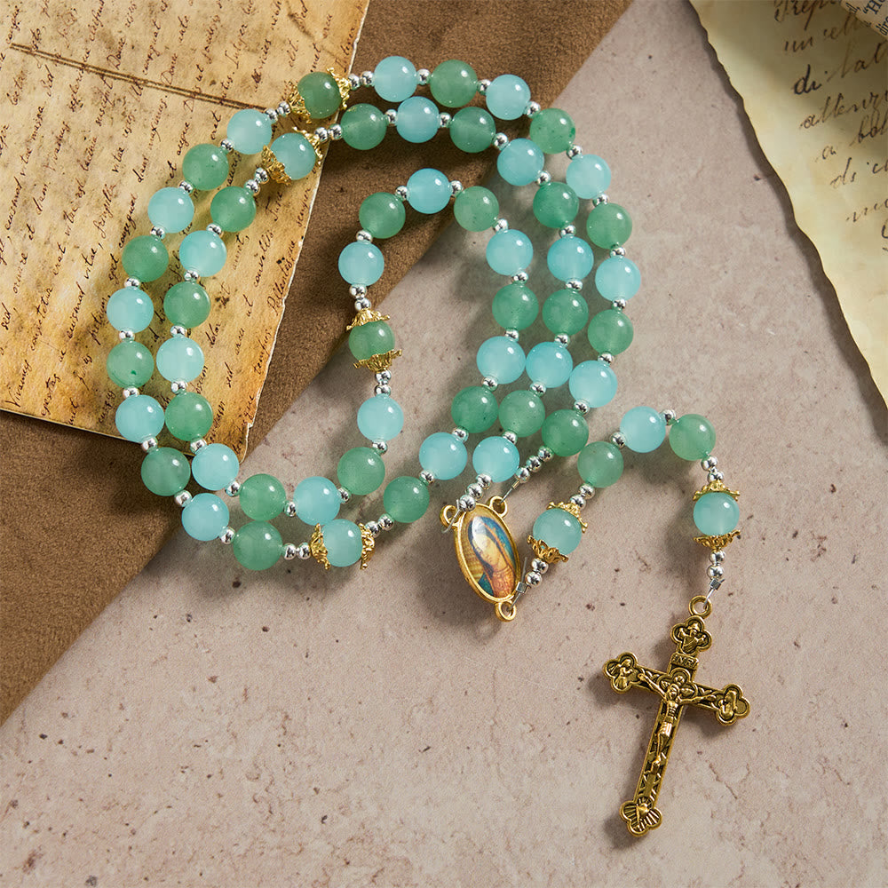 Christianartworkshop Rosenkranz aus Aventurin- und Aquamaringlas mit Marienmedaille und verziertem Kruzifix - image 2