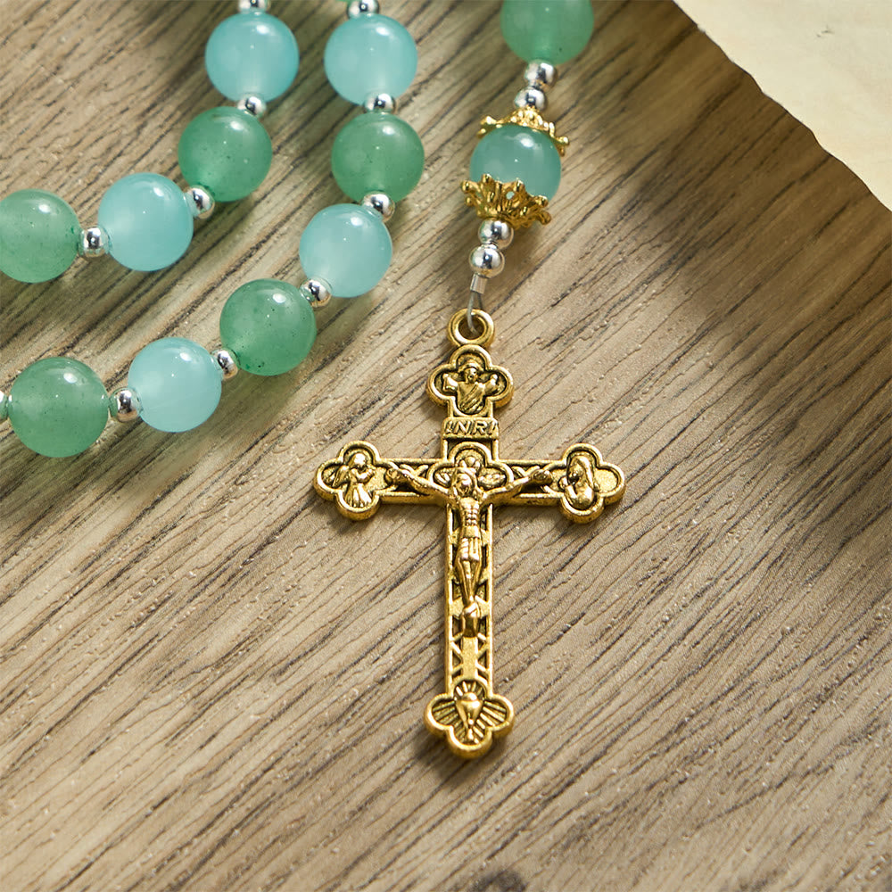 Christianartworkshop Rosenkranz aus Aventurin- und Aquamaringlas mit Marienmedaille und verziertem Kruzifix - image 7