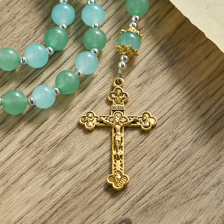 Christianartworkshop Rosenkranz aus Aventurin- und Aquamaringlas mit Marienmedaille und verziertem Kruzifix - image 7