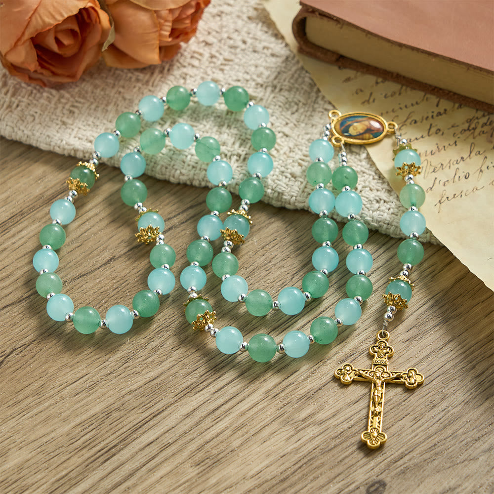 Christianartworkshop Rosenkranz aus Aventurin- und Aquamaringlas mit Marienmedaille und verziertem Kruzifix - image 3