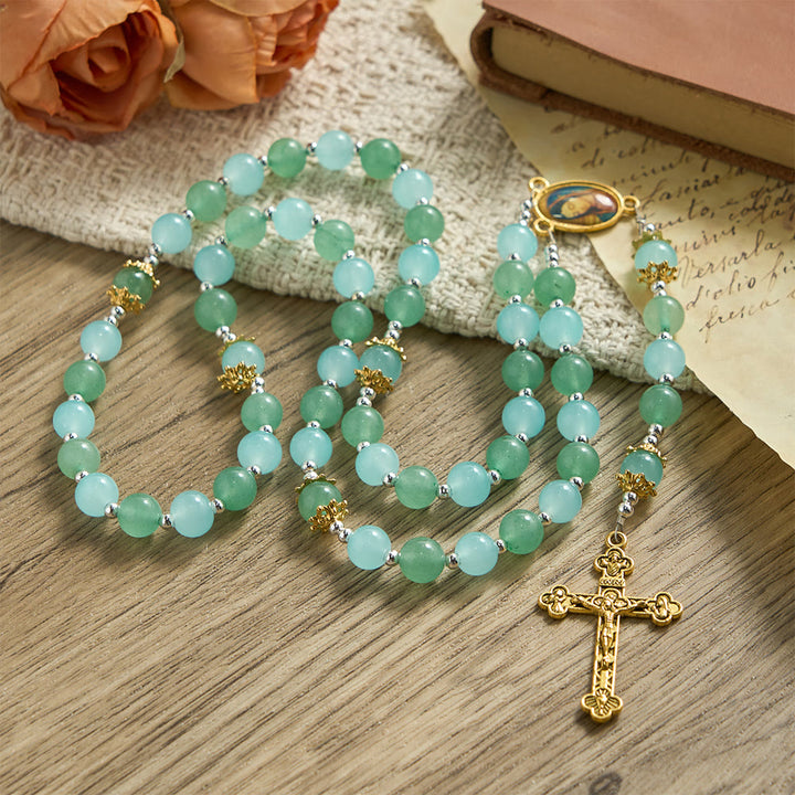 Christianartworkshop Rosenkranz aus Aventurin- und Aquamaringlas mit Marienmedaille und verziertem Kruzifix - image 3