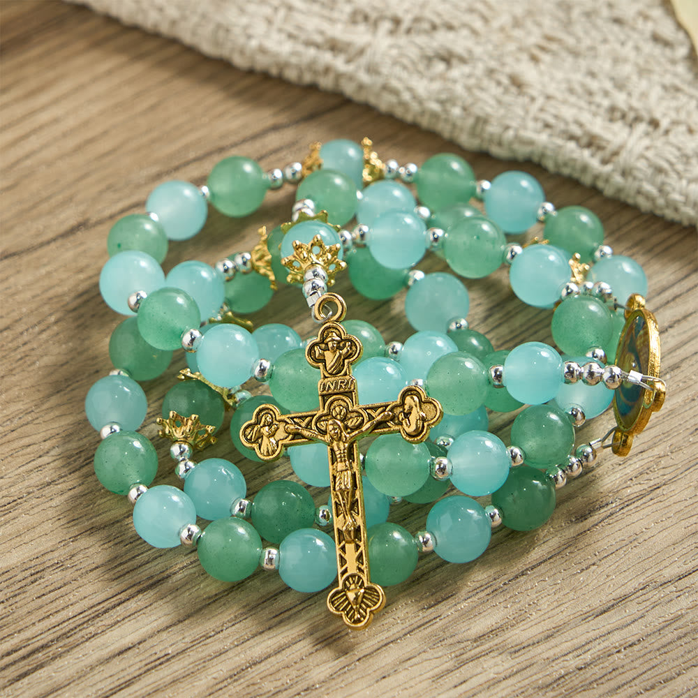 Christianartworkshop Rosenkranz aus Aventurin- und Aquamaringlas mit Marienmedaille und verziertem Kruzifix - image 4