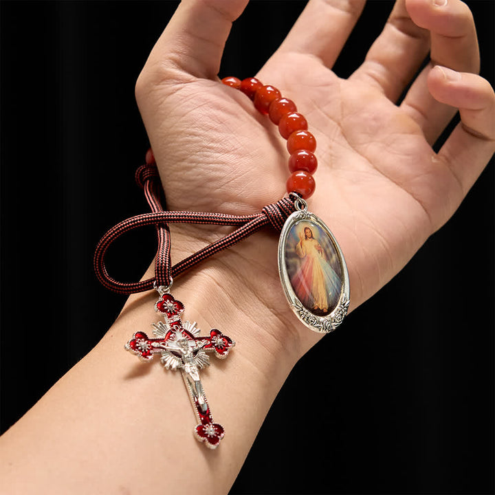 Christianartworkshop Rosenkranz der Göttlichen Barmherzigkeit mit natürlichen roten Achatperlen - image 1