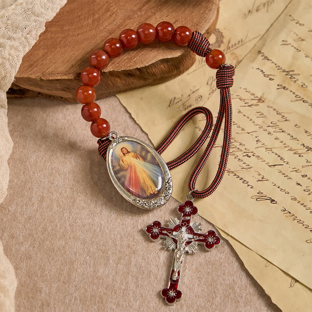 Christianartworkshop Rosenkranz der Göttlichen Barmherzigkeit mit natürlichen roten Achatperlen - image 0