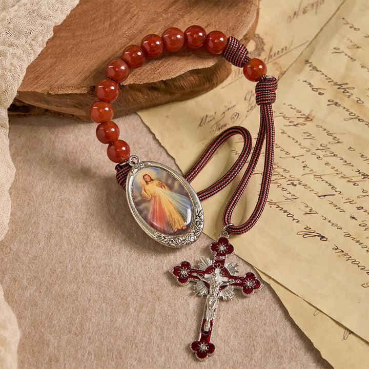 Christianartworkshop Rosenkranz der Göttlichen Barmherzigkeit mit natürlichen roten Achatperlen - image 0