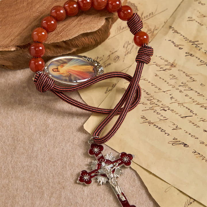 Christianartworkshop Rosenkranz der Göttlichen Barmherzigkeit mit natürlichen roten Achatperlen - Göttliche Barmherzigkeit und Kruzifix - image 2