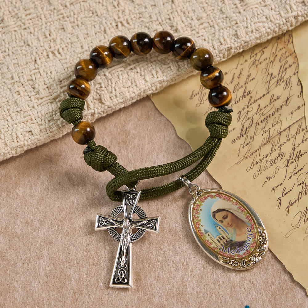 Christianartworkshop Tigeraugen-Taschenrosenkranz mit der Göttlichen Barmherzigkeit: Mut & Glaube mit Paracord-Design - image 3