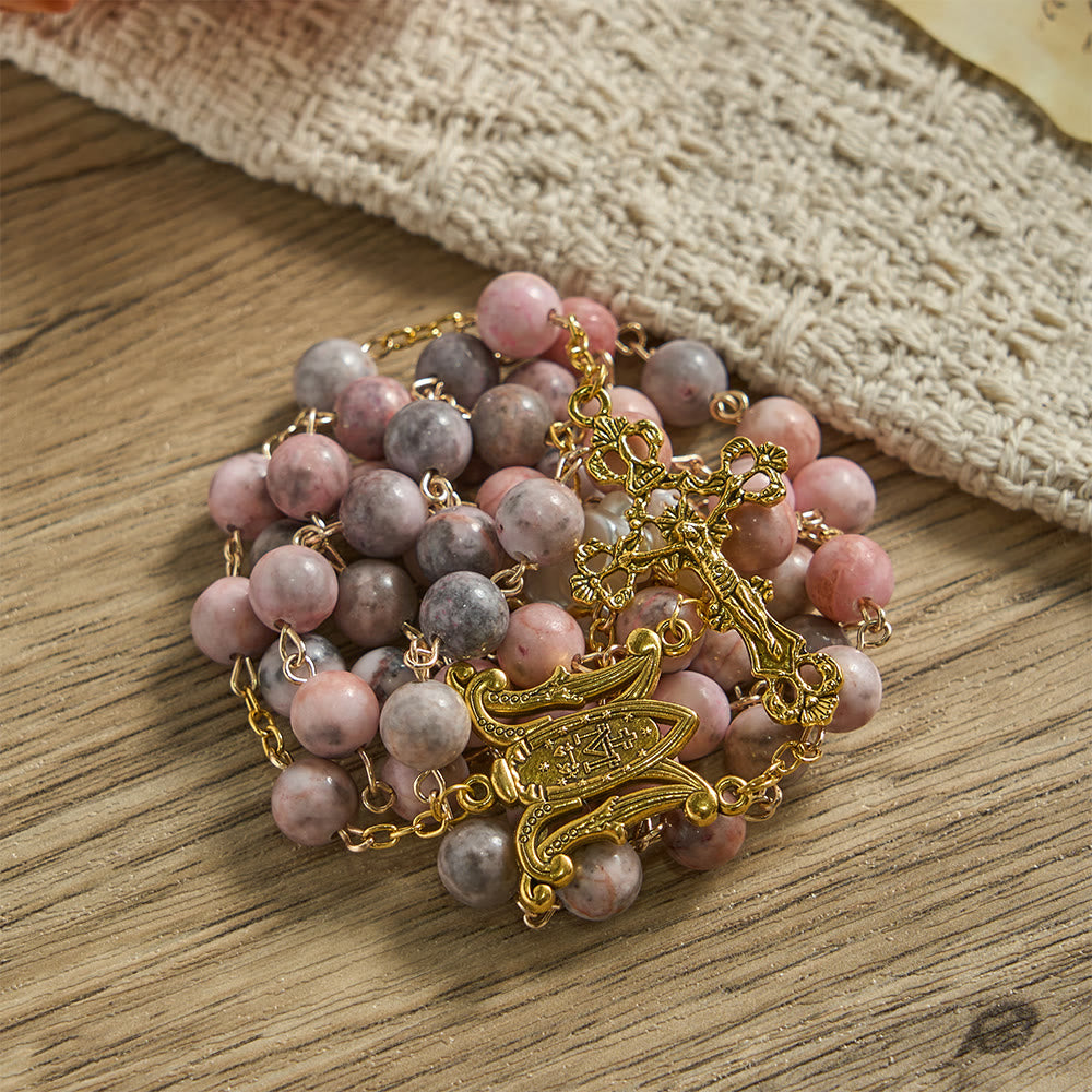 Christianartworkshop Rosenkranz aus rosa Zebra-Naturstein mit Kamelienverzierungen und Wundermedaille - image 5