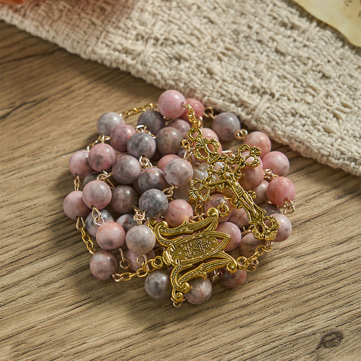 Christianartworkshop Rosenkranz aus rosa Zebra-Naturstein mit Kamelienverzierungen und Wundermedaille - image 5