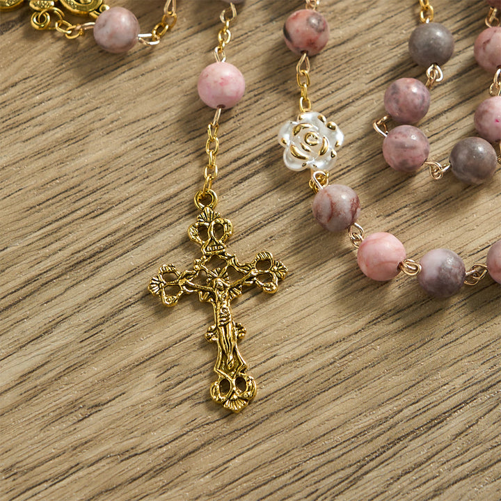 Christianartworkshop Rosenkranz aus rosa Zebra-Naturstein mit Kamelienverzierungen und Wundermedaille - image 8