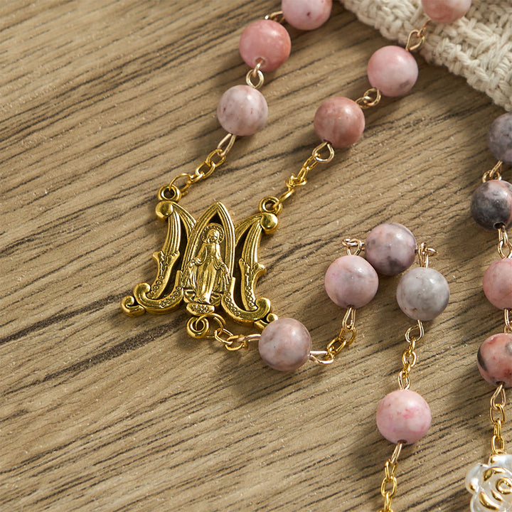 Christianartworkshop Rosenkranz aus rosa Zebra-Naturstein mit Kamelienverzierungen und Wundermedaille - image 7