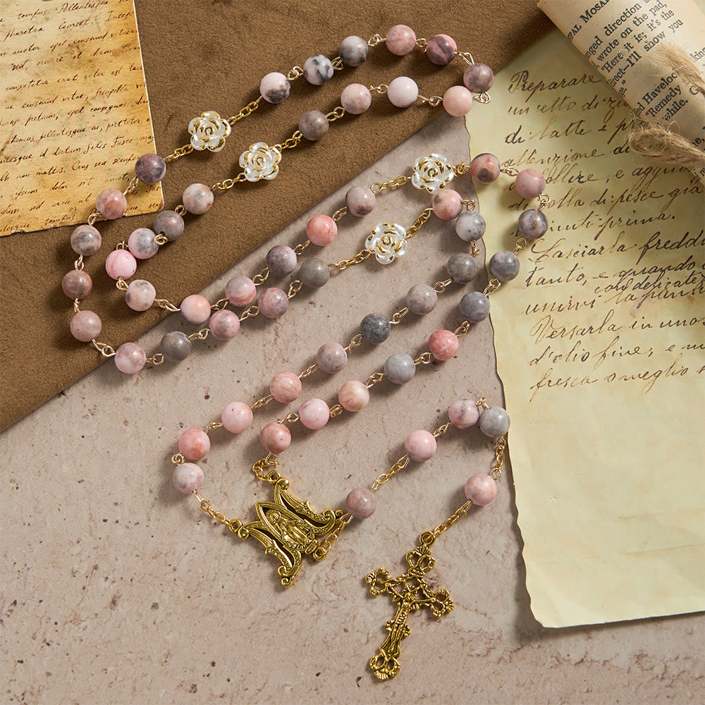 Christianartworkshop Rosenkranz aus rosa Zebra-Naturstein mit Kamelienverzierungen und Wundermedaille - Wundermedaille und Kruzifix - image 0