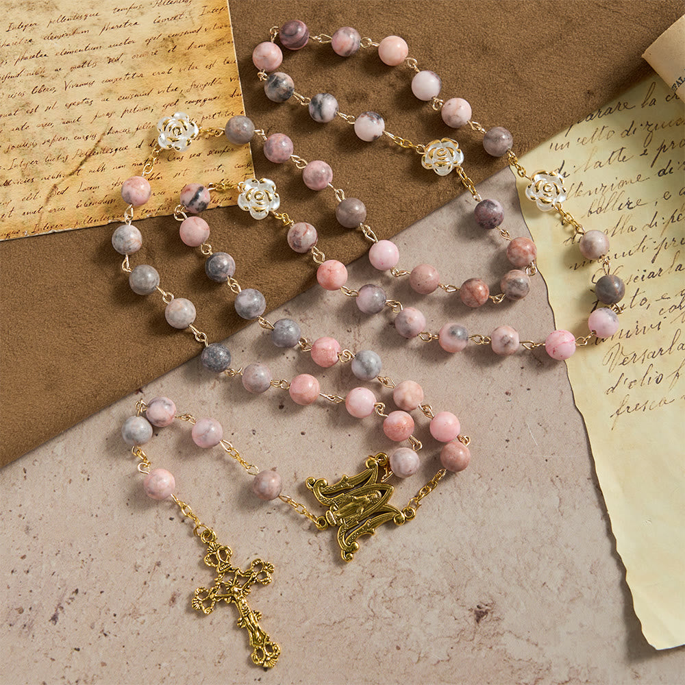 Christianartworkshop Rosenkranz aus rosa Zebra-Naturstein mit Kamelienverzierungen und Wundermedaille - image 3