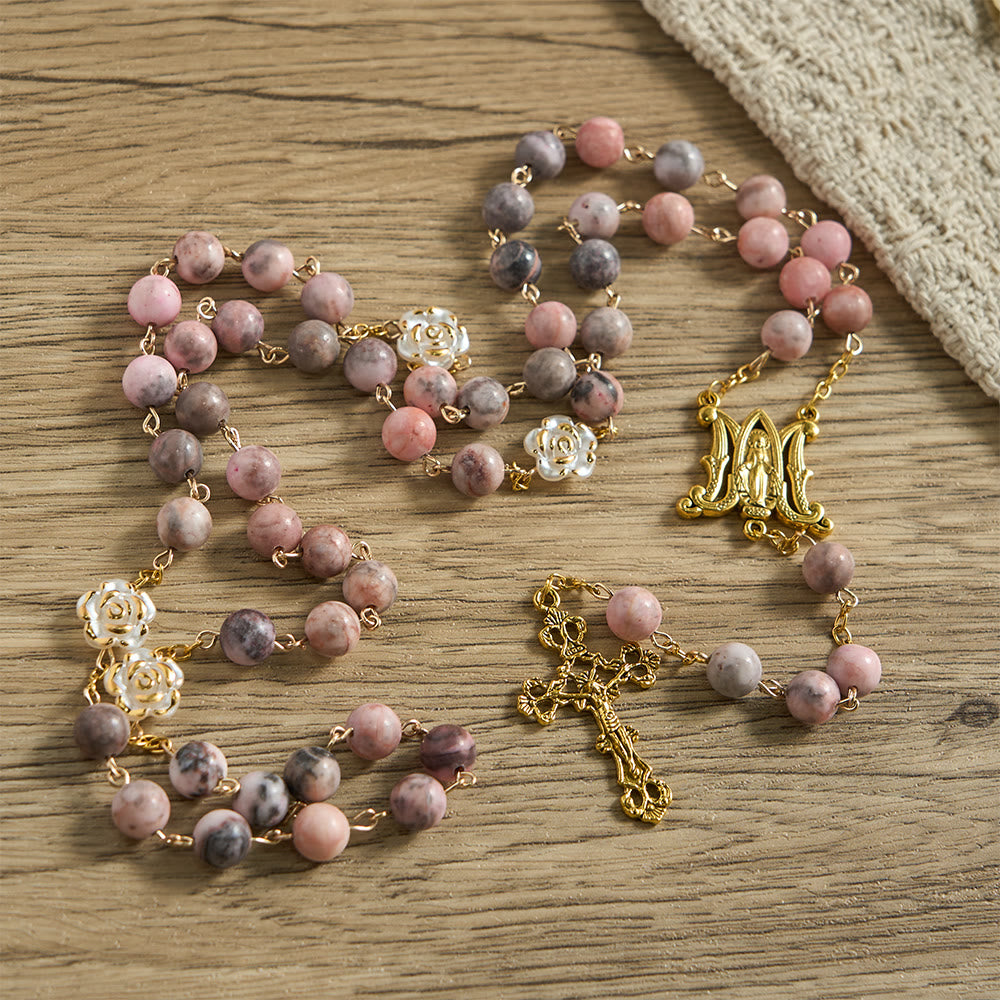 Christianartworkshop Rosenkranz aus rosa Zebra-Naturstein mit Kamelienverzierungen und Wundermedaille - image 2