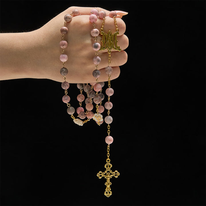 Christianartworkshop Rosenkranz aus rosa Zebra-Naturstein mit Kamelienverzierungen und Wundermedaille - image 1