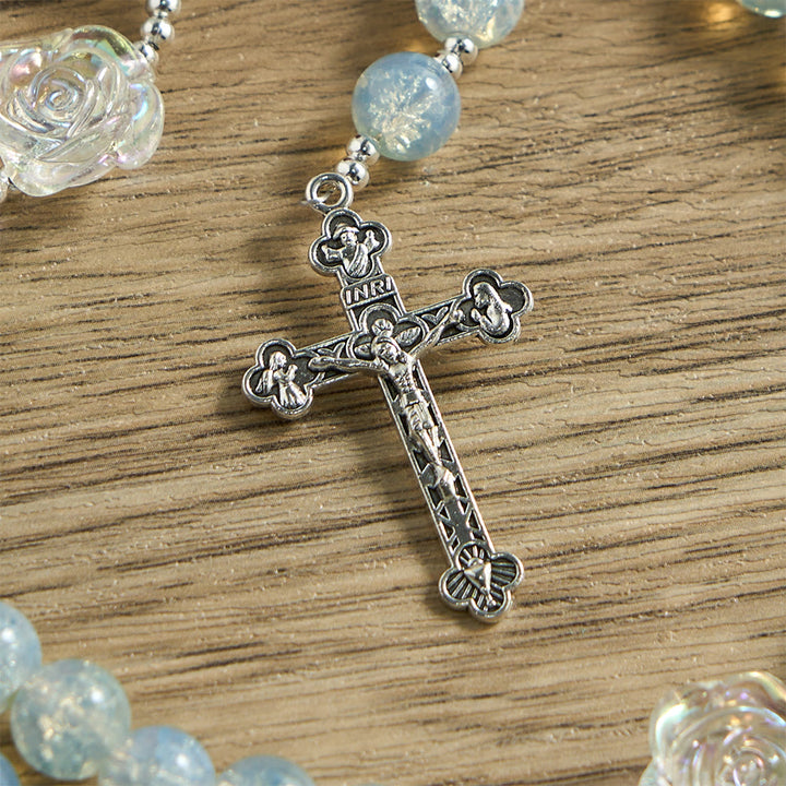 Rosenkranz aus hellgrünen Glasperlen von Christianartworkshop mit Rosenverzierungen und Wundermedaille - image 7