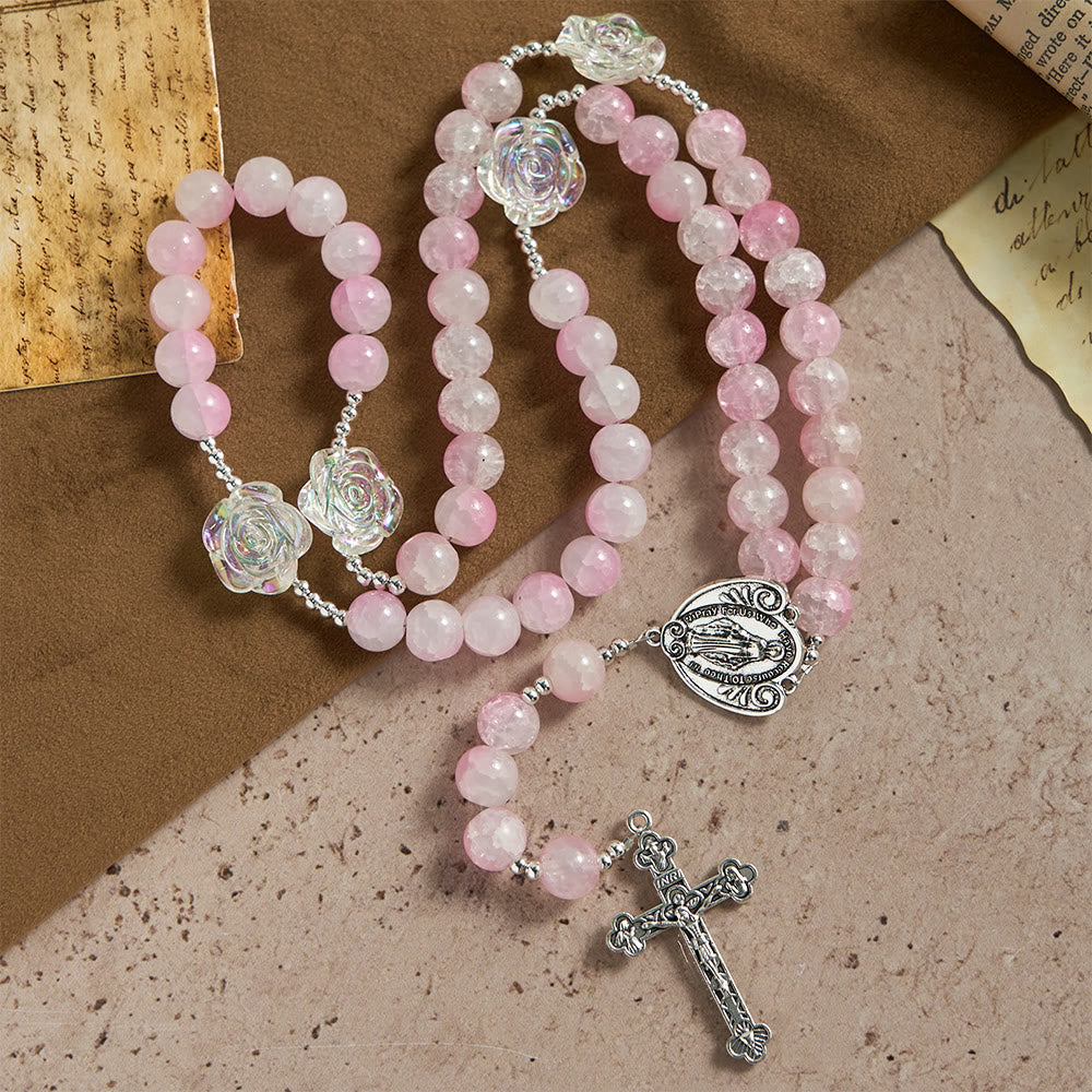 Rosenkranz aus hellgrünen Glasperlen von Christianartworkshop mit Rosenverzierungen und Wundermedaille - image 12