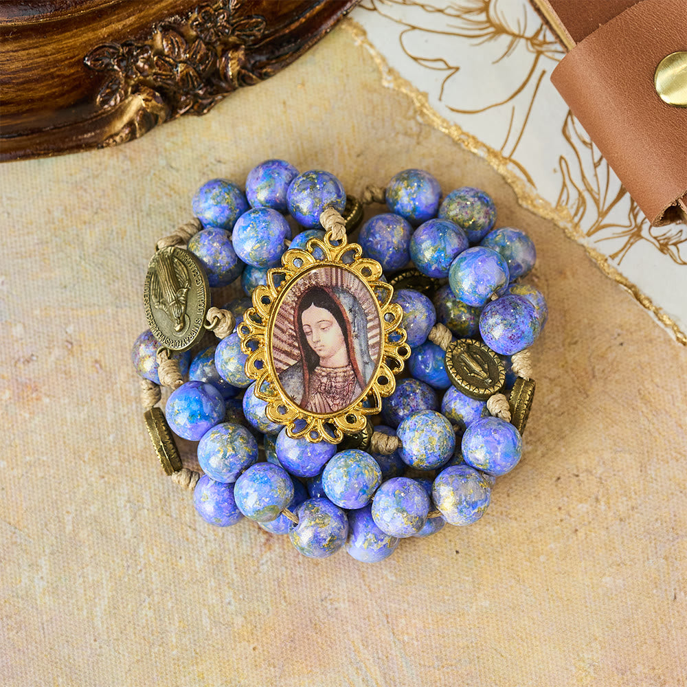 Rosenkranz „Sieben Schmerzen Mariens“ von Christianartworkshop mit lila-blauen Ölfarbenperlen und Marienmedaille - image 4