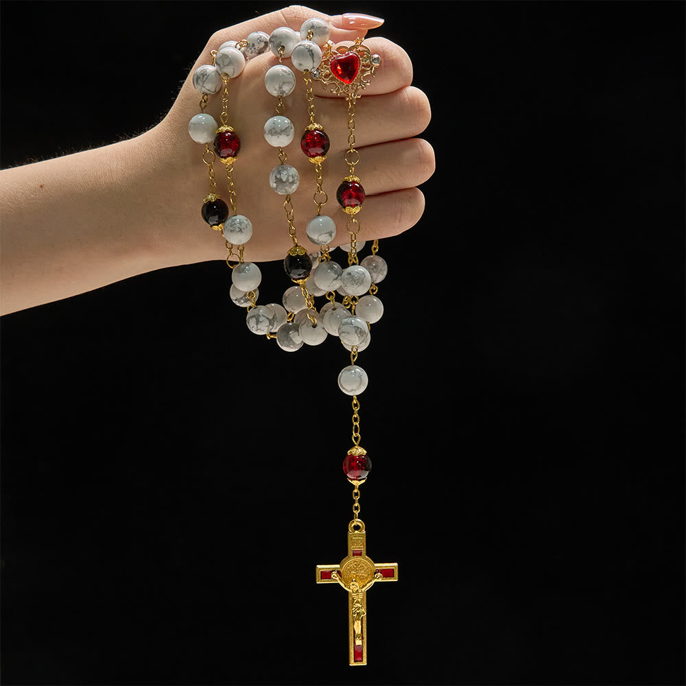 Christianartworkshop Weißer türkisfarbener Rosenkranz mit rot-schwarzen Glasperlen und Herz-Jesu-Kreuz - image 1