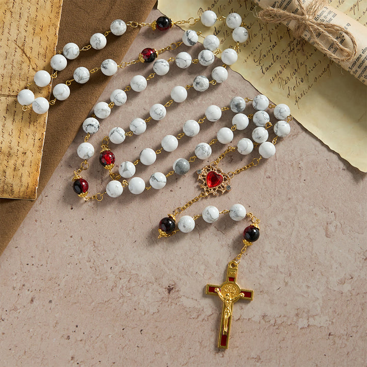 Christianartworkshop Weißer türkisfarbener Rosenkranz mit rot-schwarzen Glasperlen und Herz-Jesu-Kreuz - image 4