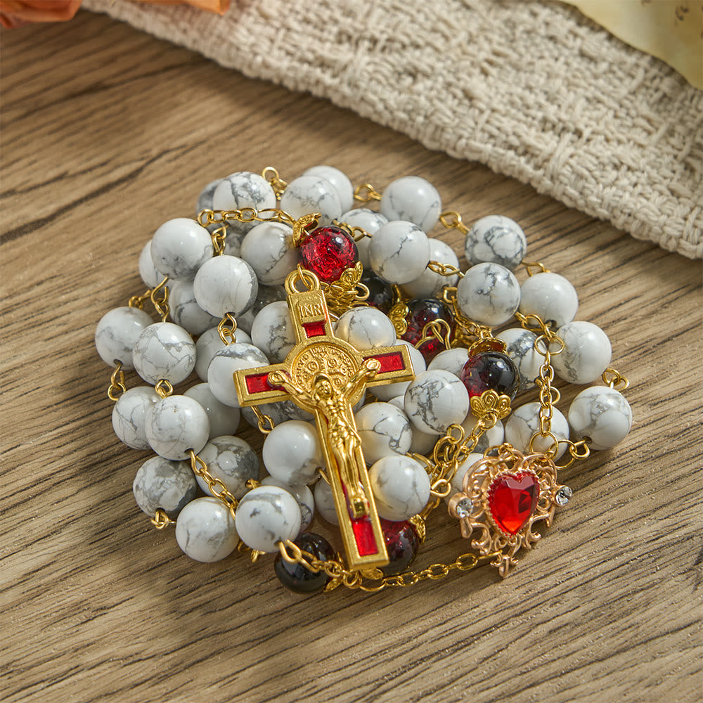 Christianartworkshop Weißer türkisfarbener Rosenkranz mit rot-schwarzen Glasperlen und Herz-Jesu-Kreuz - image 5