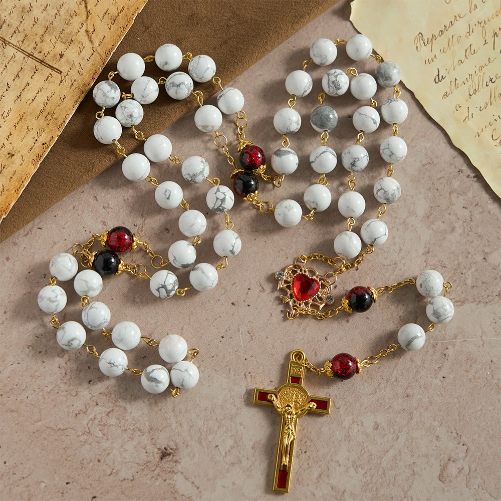 Christianartworkshop Weißer türkisfarbener Rosenkranz mit rot-schwarzen Glasperlen und Herz-Jesu-Kreuz - image 3