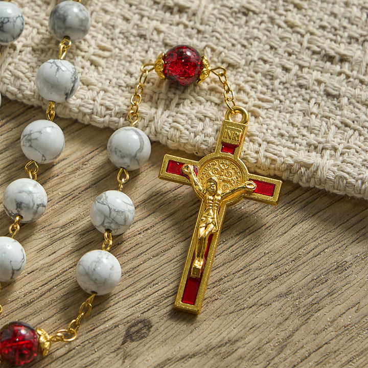 Christianartworkshop Weißer türkisfarbener Rosenkranz mit rot-schwarzen Glasperlen und Herz-Jesu-Kreuz - image 7