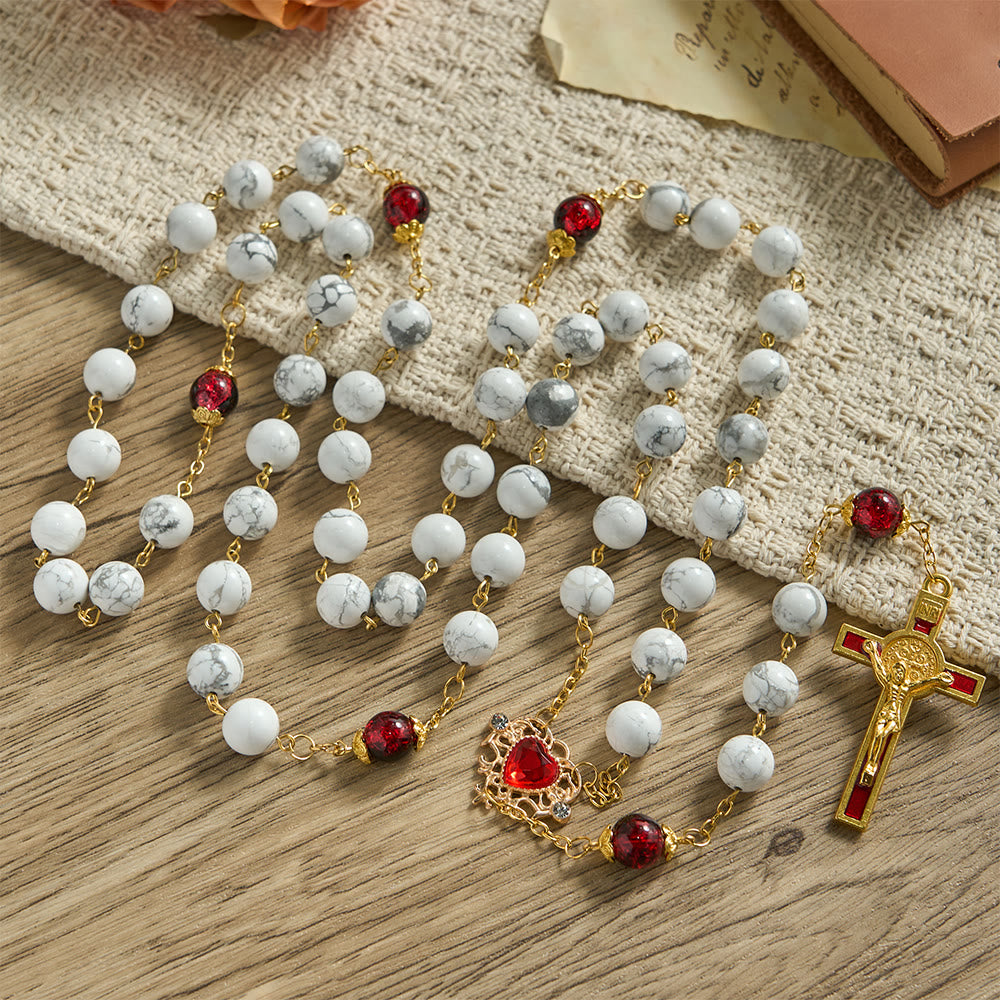 Christianartworkshop Weißer türkisfarbener Rosenkranz mit rot-schwarzen Glasperlen und Herz-Jesu-Kreuz - image 2