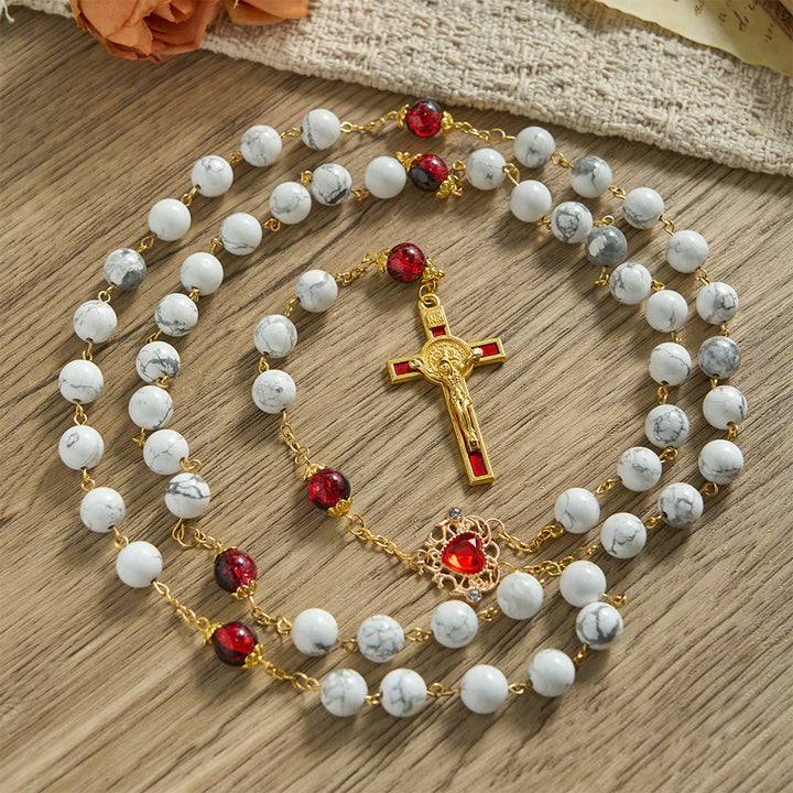 Christianartworkshop Weißer türkisfarbener Rosenkranz mit rot-schwarzen Glasperlen und Herz-Jesu-Kreuz - Rosenkranz aus weißem Türkis - image 0