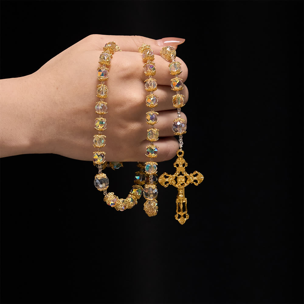 Christianartworkshop Schimmernder Rosenkranz aus facettiertem Glas mit Marienmedaille und goldenem Kruzifix - image 1
