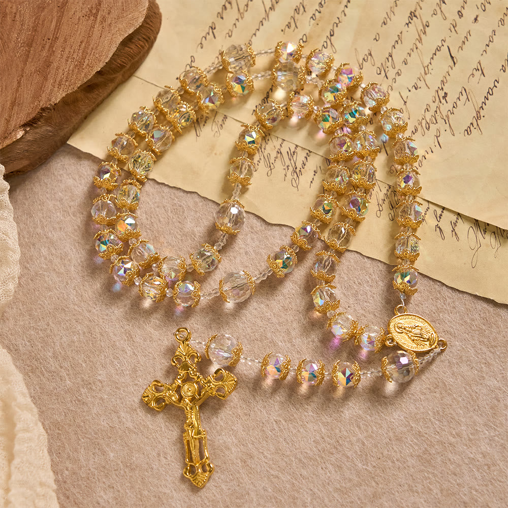 Christianartworkshop Schimmernder Rosenkranz aus facettiertem Glas mit Marienmedaille und goldenem Kruzifix - Unsere Liebe Frau und das Kruzifix - image 0