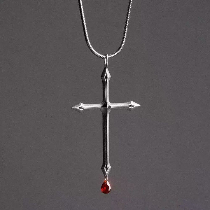 Christianartworkshop Schwertkreuz-Halskette mit rotem Zirkon-Anhänger: Ein heiliges Andenken für Gläubige - Kreuz und roter Tropfen - image 0