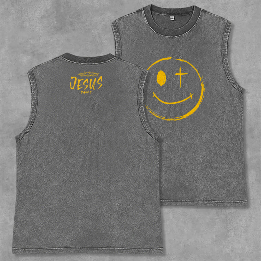 Christianartworkshop Smiley Face Jesus Saves Unisex Washed Tank Top - Grau - 2XL - image 14