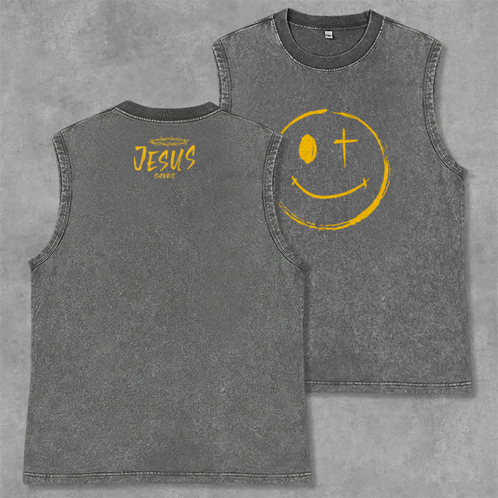 Christianartworkshop Smiley Face Jesus Saves Unisex Washed Tank Top - Grau - 2XL - image 14